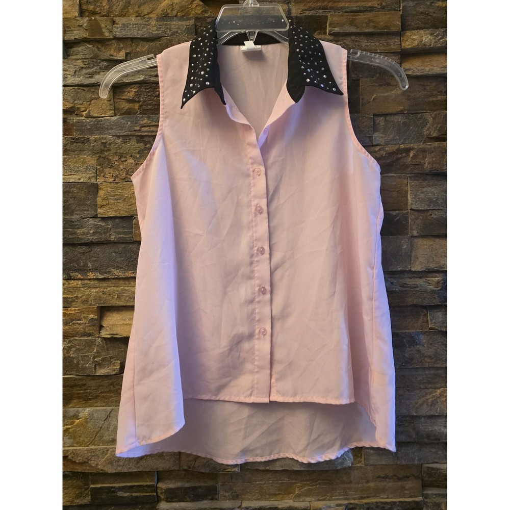 D-Signed Disney Pink Sleeveless Blouse Rhinestone Black Collar‎ High-Low XL